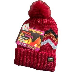 Polar Extreme Women's Thermal Lined Insulated Pom Pom Cable Knit Beanie Red